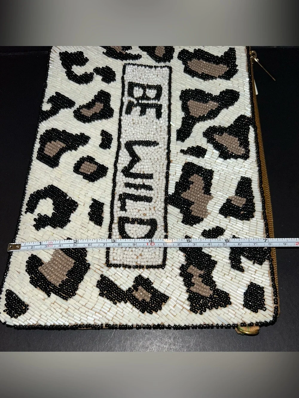 Beaded Leopard Animal Print ‘Be Wild' Zip Clutch- Black, Off-White & Brown